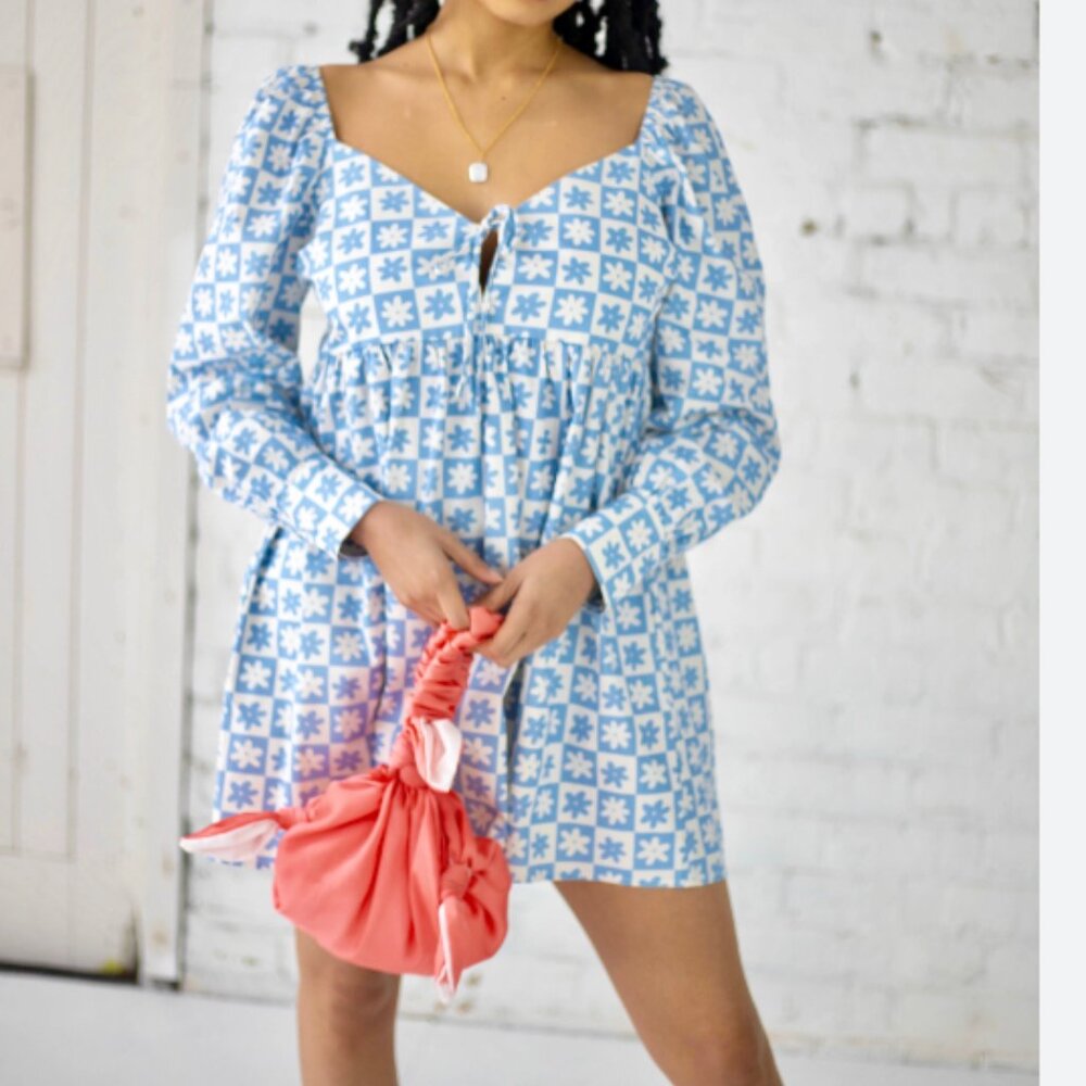 Lisa Says Gah! Lena Babydoll Mini Dress in Blue Daisy Check